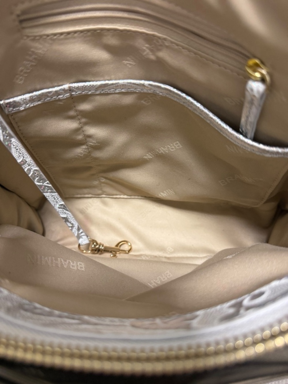 Brahmin Metallic Paisley Silver/White Leather Handbag - Picture 7 of 9
